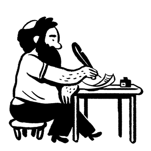 Bearded man writing in a desk